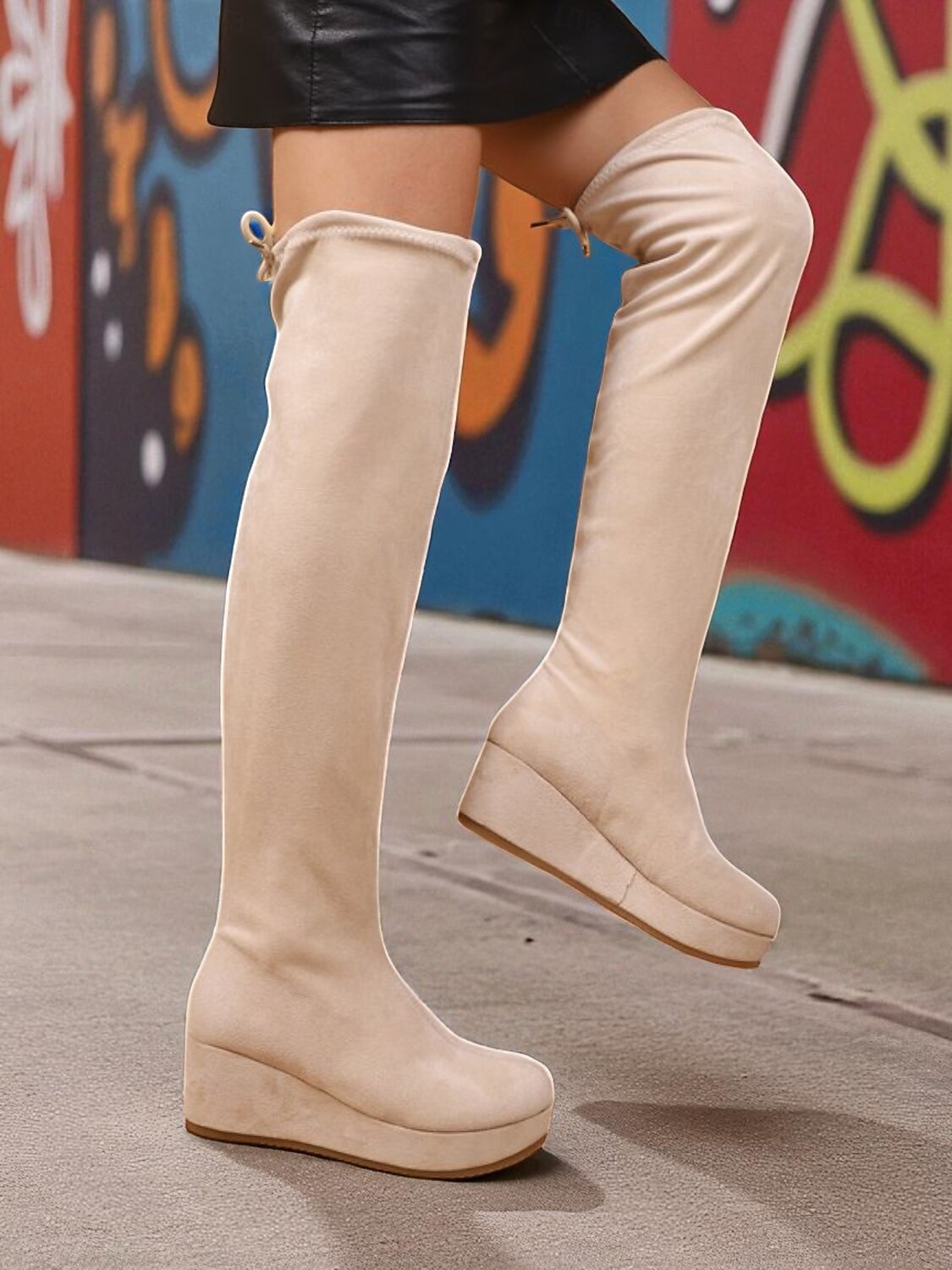 Botas femininas de camurça bege acima do joelho com salto plataforma – calçado de inverno confortável para estilo urbano e uso casual diário de 2025 por $42.99 –P4