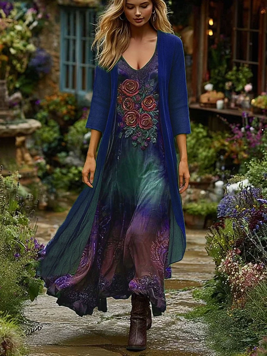 Femmes Robe Ensemble Robe Maxi Robe trapèze Vacances Boho Fleuri Graphique Superposé Imprimé Robe maxi Manche 3/4 Col en V Extérieur Quotidien Bleu Violet Vert Printemps Automne Coupe régulière de 2025 ? $51.99 –P3