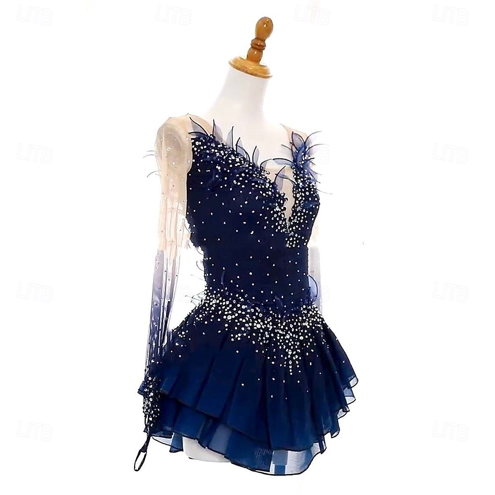 Figure Skating Dress Women's Girls' Ice Skating Dress Navy Blue Open Back Asymmetric Hem Mesh High Elasticity Training Competition Skating Wear Classic Crystal / Rhinestone Long Sleeve Ice Skating Figure 2026 - $239.39 –P4