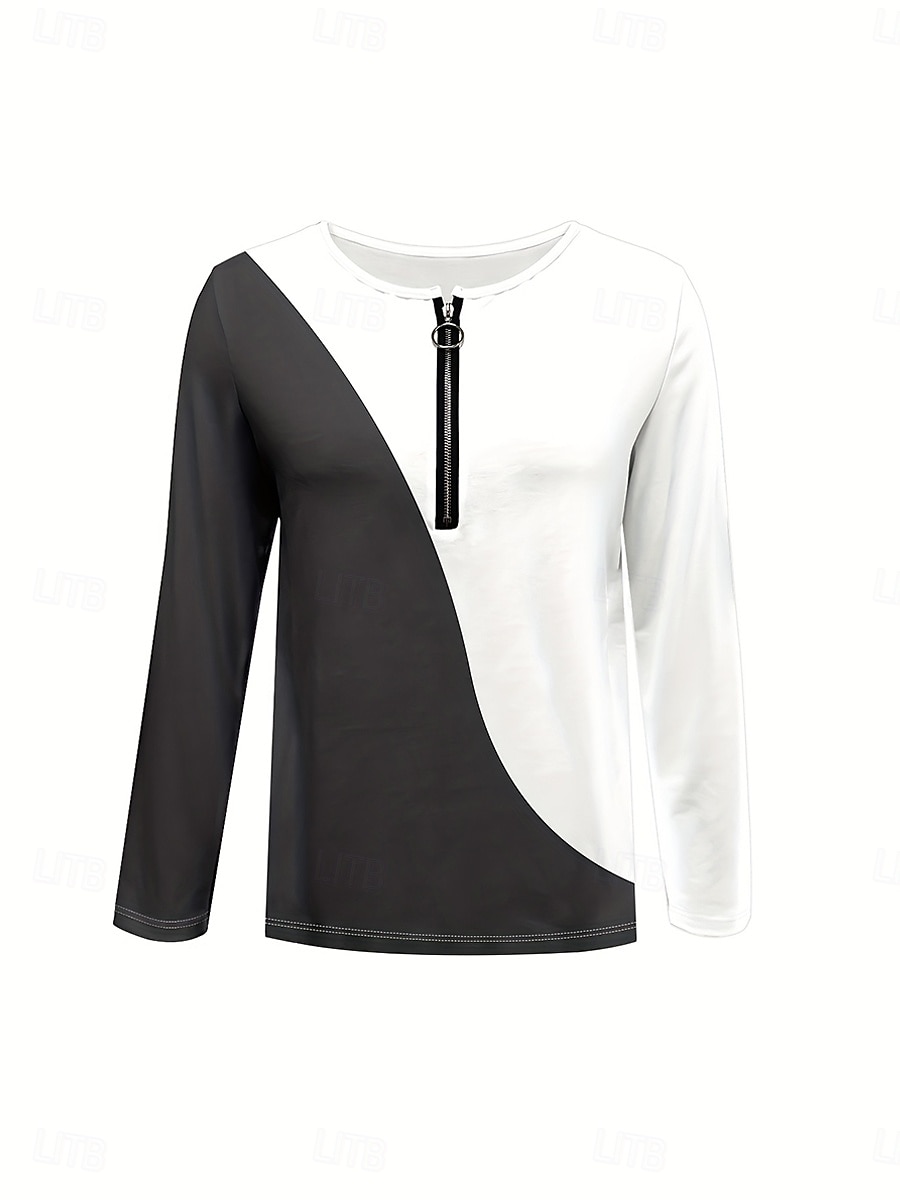 2026年 女性用 Tシャツ ジッパー プリント グラフィック 幾何学模様 カラーブロック エレガント ヴィンテージ スタイリッシュ 長袖 ラウンドネック ノッチネック レギュラートップス 日常 週末 ダックグレー 春 秋 冬  コレクション – $25.99 –P2