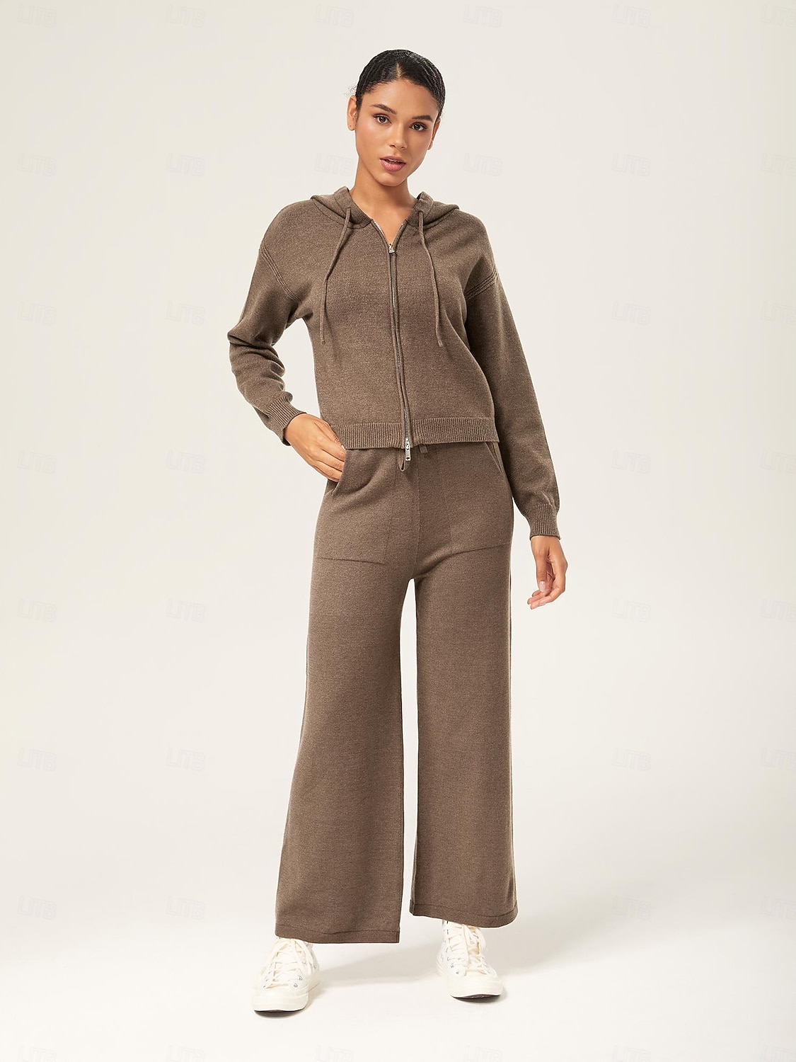 pantaloni da donna in maglia color caffè con gamba dritta, elastico in vita, tasca applicata, casual, eleganti, comodi, quotidiani, autunno del 2025 a $72.99 –P2