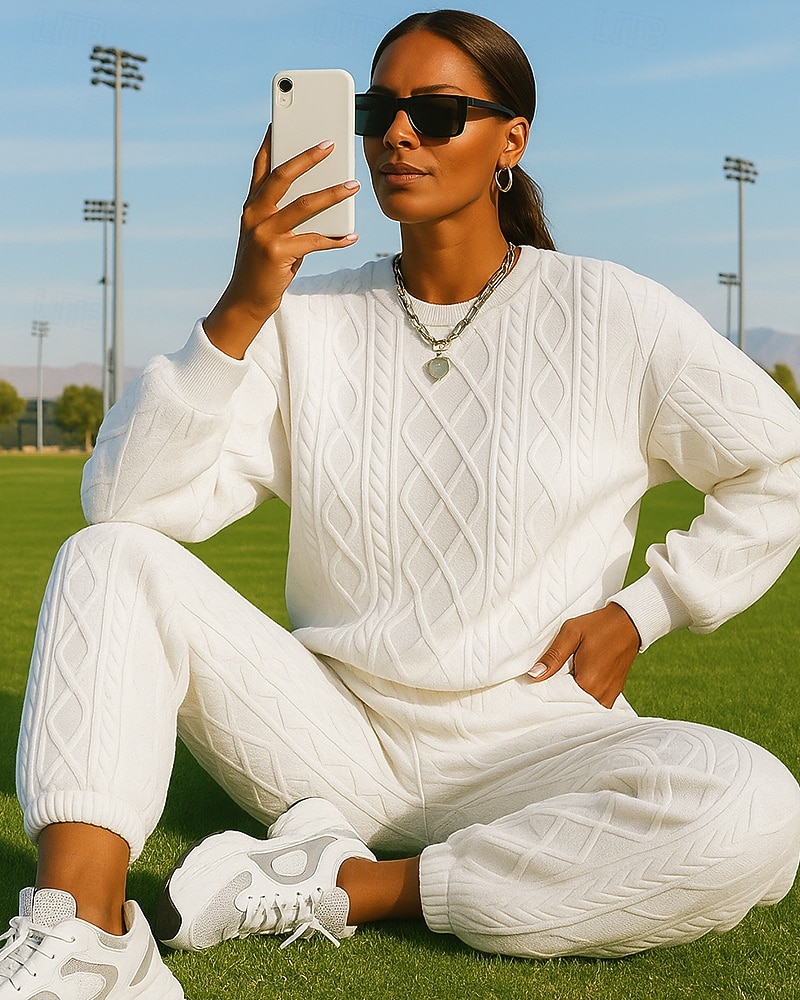 Damskie Dres Spodnie dresowe Stroje sportowe Splot kablowy Solidne kolory Zestawy odzież Jesień Czarny Biały Na zewnątrz Podróże Sportowy Wysoka talia Moda Długi rękaw Sport Odzież sportowa Średnio 2025 - $34.99 –P3