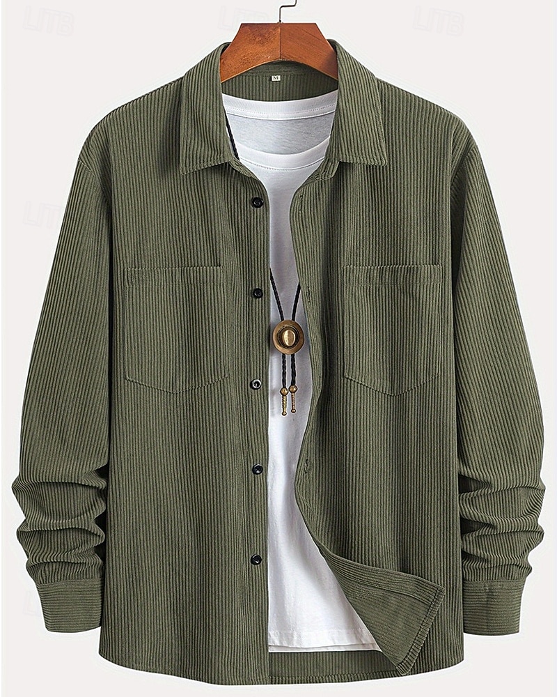 Men's Corduroy Shirt Shirt Jacket Winter Jacket Plain Vacation Daily Wear Army Green Beige Long Sleeve Lapel Spring Fall Clothing Apparel Pocket 2026 - $26.99 –P5