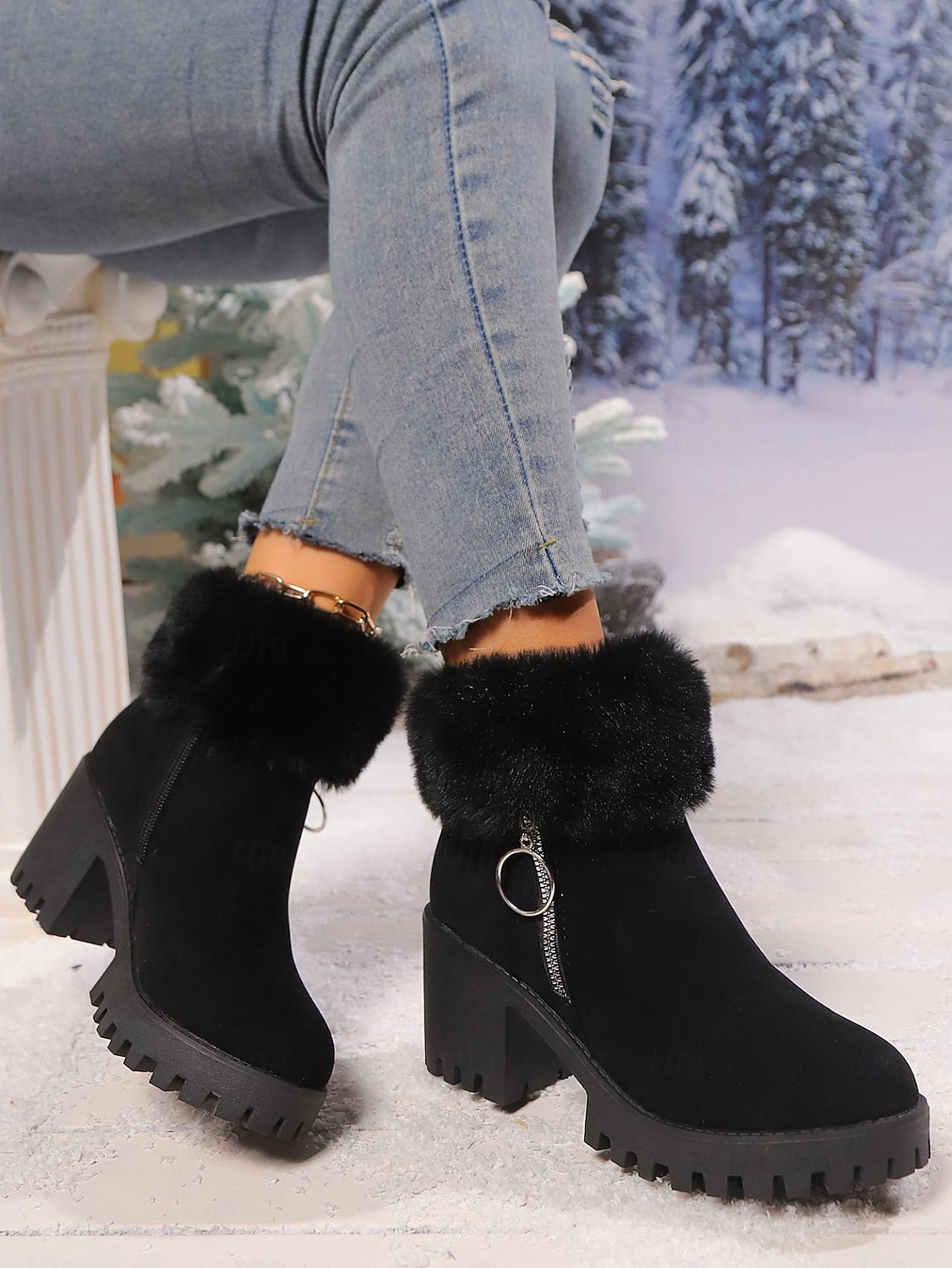 Bottines en daim gris pour femme, doublées de fourrure, chaudes, à talon épais et semelle crantée, avec fermeture éclair latérale pour l'hiver de 2025 ? $29.99 –P1