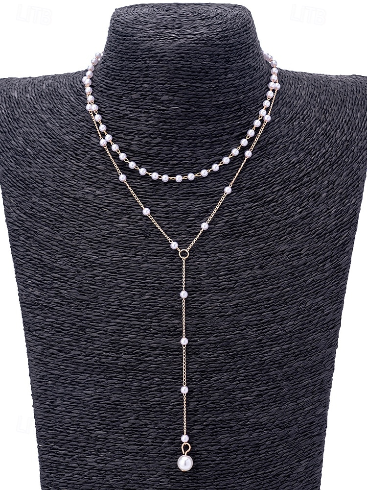 Collar con colgante de perlas en capas para mujer: elegante cadena de aleación en tono dorado con detalles de perlas de imitación para eventos formales, bodas y fiestas nocturnas. 2026 - $11.99 –P3