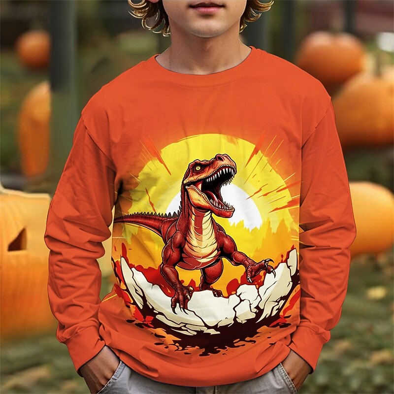 Halloween Poikien 3D Piirretty Dinosaurus T-paita Pitkähihainen Kevät Syksy Muoti Perus Lapset 4-12 vuotta Tiukka pyöreä kaula-aukko ulko- Kausaliteetti Päivittäin Normaali 2025 - $13.99 –P1