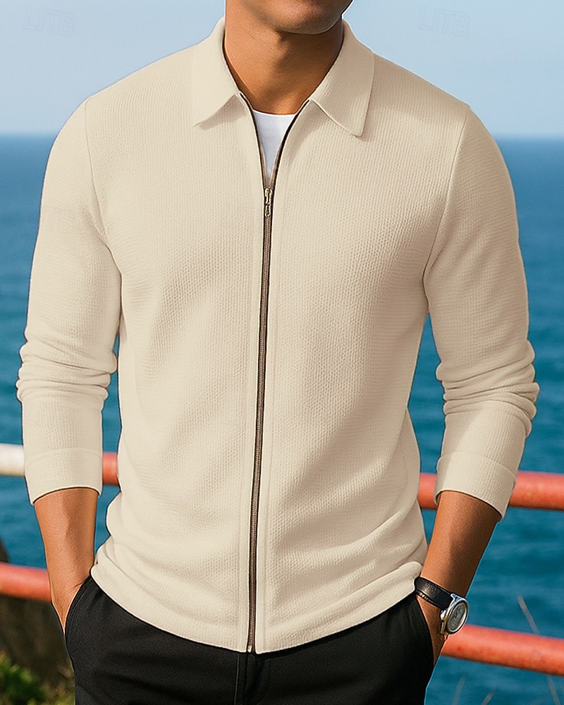 Men's Solid Colored Casual Coats Lounge Jacket Full Zip Jacket Fall / Winter Waffle Long Sleeve Athleisure Outdoor Travel Sports Blue Black White Sportswear Activewear 2026 - $24.99 –P7