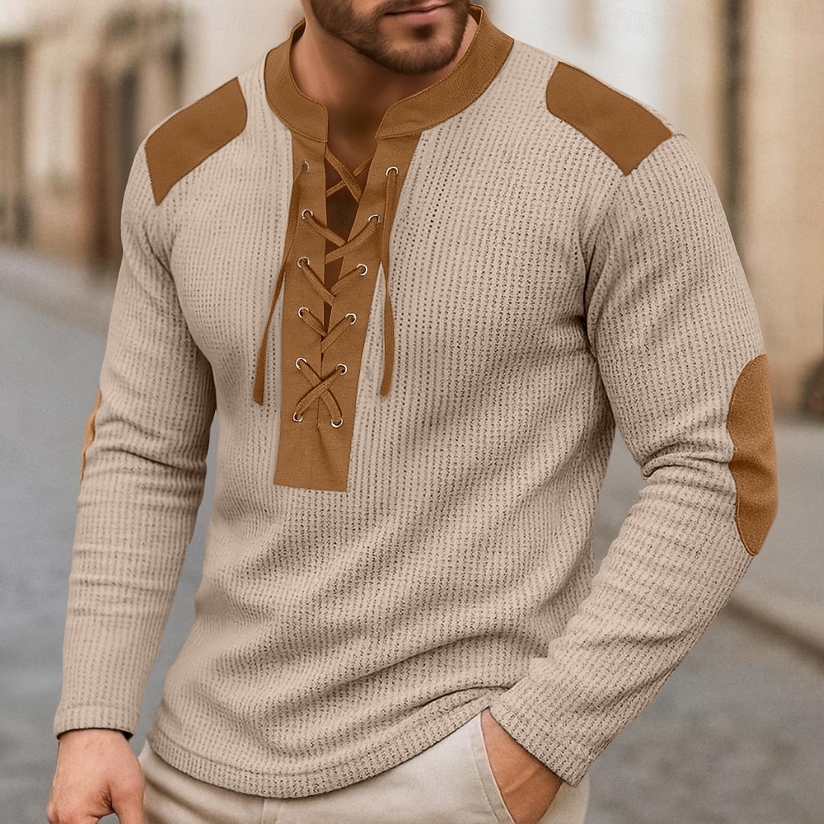 Per uomo Maglietta Maglia Henley Maglietta a Maglia Waffle Camicia a Maniche Lunghe Manica Lunga Collo alla coreana Collo con lacci Primavera & Autunno Blocco di colori Moda Designer Essenziale del 2025 a $28.99 –P3