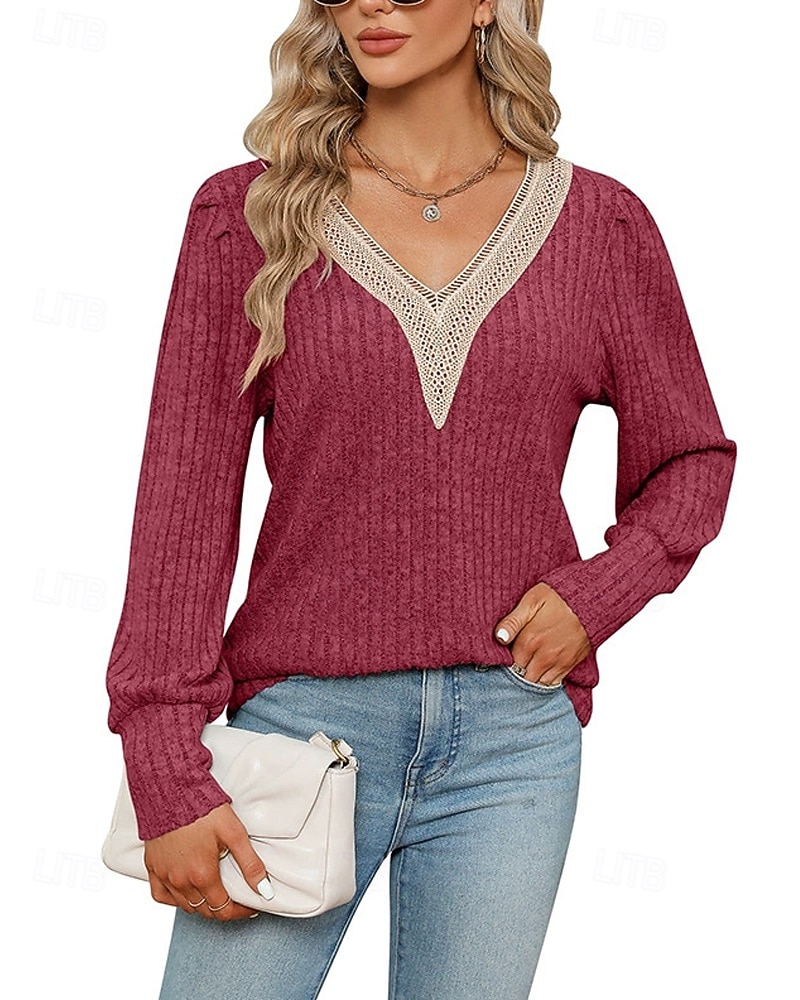Naisten Neulos Pusero Päivittäin Tyylikäs Vapaa-aika Väripalikka Joustin V kaula-aukko Kudottu Pitsinauhat Pitkähihainen Tavalliset topit Neuloa Päivittäin Pyhäpäivä Bile Viininpunainen Musta Syksy 2026 - $27.99 –P8