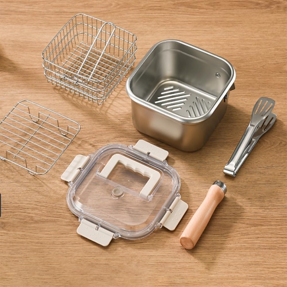 Padella quadrata in acciaio inox da 4 pezzi con cestello, friggitrice compatta quadrata multiuso con manico staccabile &design di scarico facile adatto a contenitori per la conservazione della del 2025 a $33.99 –P10