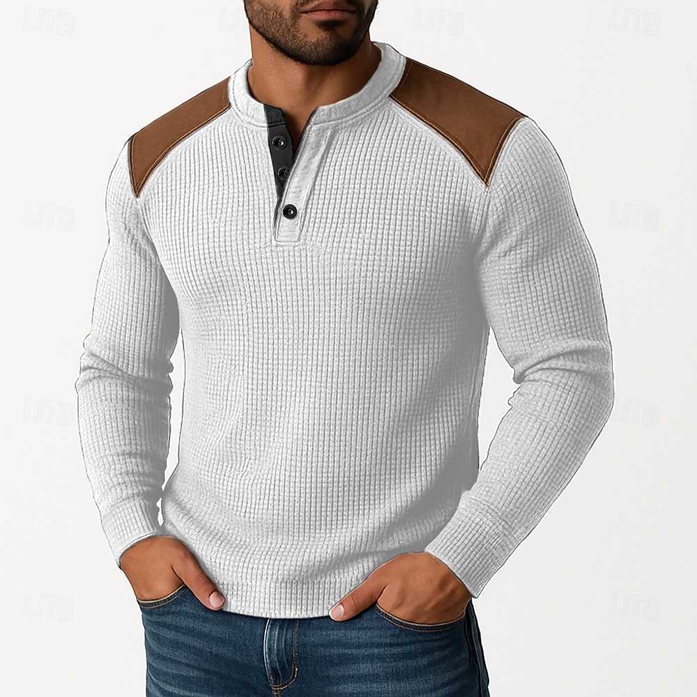 Herren Waffel-Henley-Hemd T-Shirt Langarm Henley Herbst Frühling & Herbst Farbblock Mode Designer Basic Patchwork Urlaub Straße Lässig Schwarz Weiß Burgunderrot Top T-Shirt für Herren 2025 - $20.99 –P6
