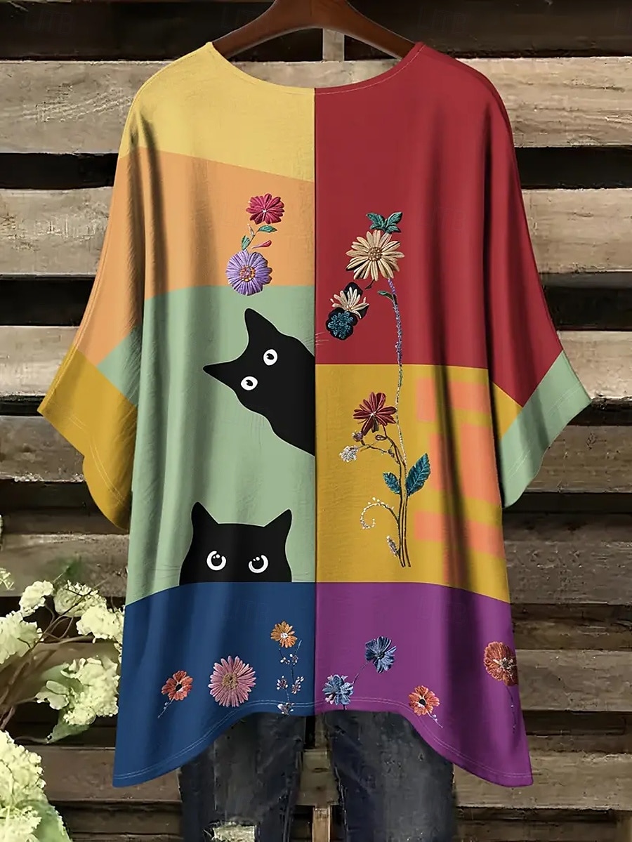 Dame Bluse Grafisk Dyr Katt Årgang Daglig Fritid Halvlange ermer Flaggermusermer Crew-hals Lange topper Daglig Ferie Strand Klær Assymetrisk Gul Rød Blå Kamel Grå Sommer Vår 2025 - $22.99 –P3