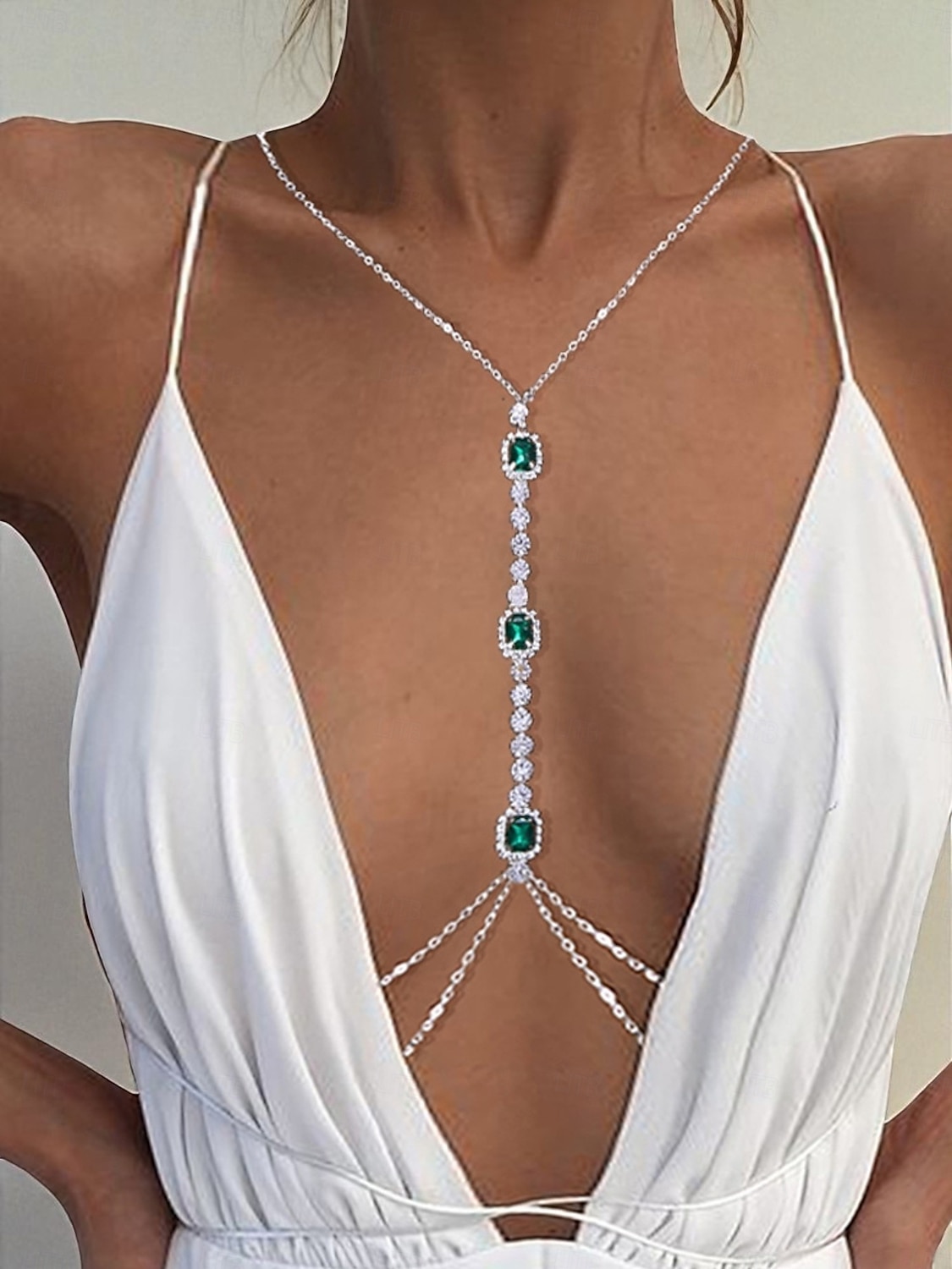 Silberne Körperkette mit Smaragd und Kristall für Damen – eleganter Schmuck mit tiefem Ausschnitt für Hochzeiten, Abendpartys, Strandurlaube und besondere Anlässe 2026 - $9.99 –P3