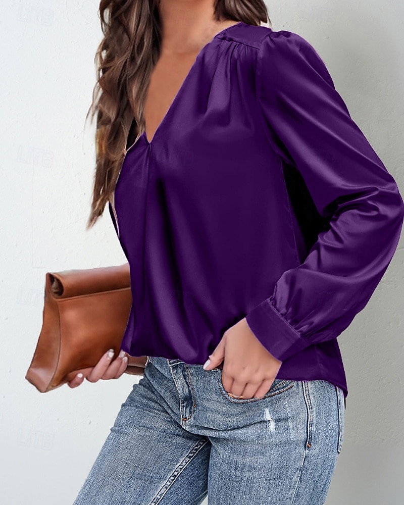 Damen Hemd Bluse Einfach Modern Lässig Langarm V Ausschnitt Normale Oberteile Täglich Ferien Ausgehen Gerafft Schwarz Weiß Gelb Rosa Wein Herbst 2025 - $25.99 –P20