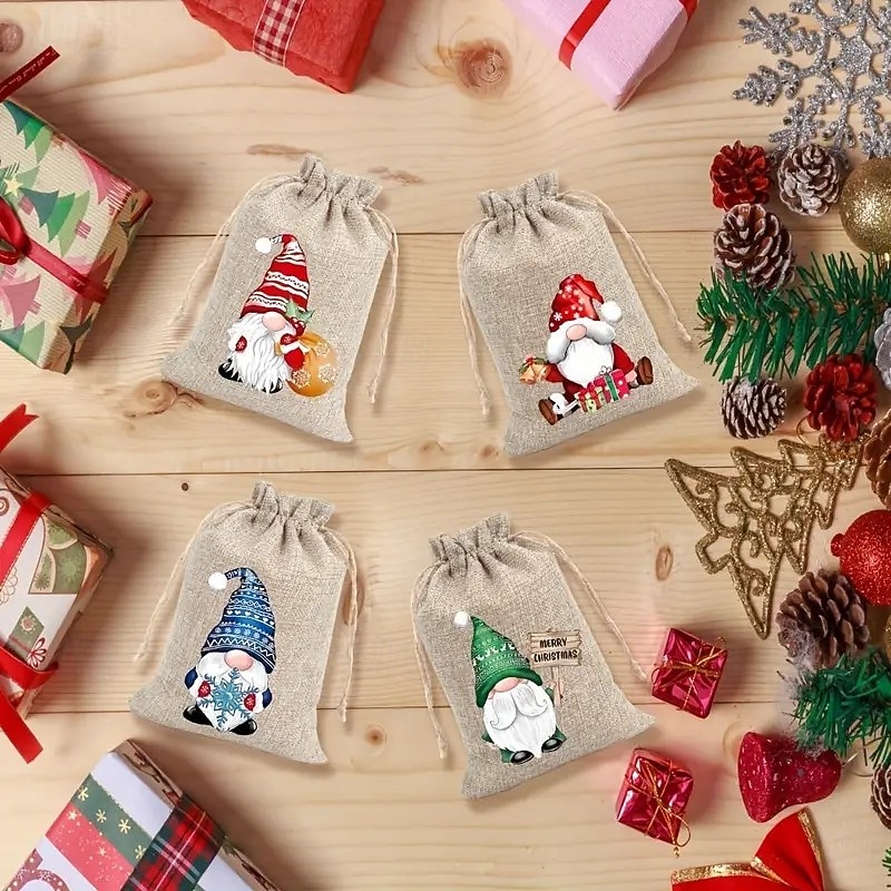 Zestaw 12 świątecznych torebek prezentowych z juty z losowymi świątecznymi wzorami, małe woreczki na upominki, idealne na święta Bożego Narodzenia i Nowy Rok 2026 - $17.49 –P8