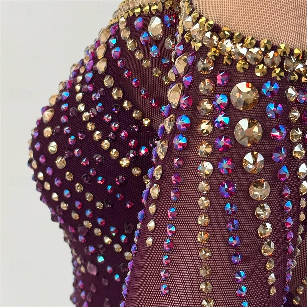 Kunstschaatsjurk Dames Voor meisjes Schaatsen Jurken Bordeaux Lapwerk Open achterkant Netstof Spandex Hoge Elasticiteit Opleiding Wedstrijd Kunstschaatskleding Klassiek Kristal / Bergkristal Lange 2026 - $298.59 –P9