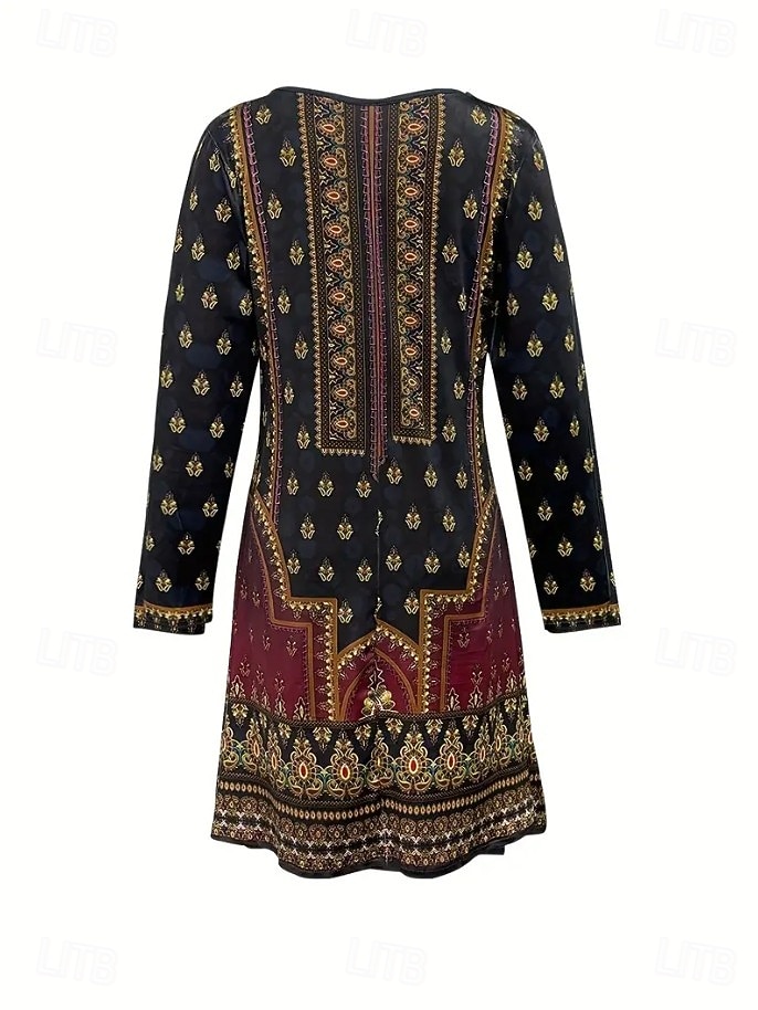 Pentru femei Rochii Midi Rochie din Tricot Rochie casual Rochie A line Rochie de vară Boemia Epocă Fit regulat Floral Grafic Manșon Lung În V Negru Primăvară Toamnă Iarnă 2025 - $24.99 –P3