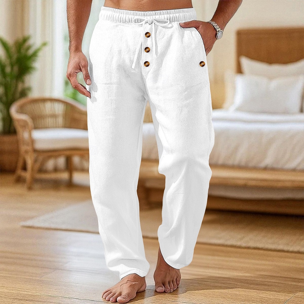 Men's Linen Pants Trousers Summer Pants Baggy Pants Beach Pants Drawstring Elastic Waist Buttons Plain Comfort Breathable Full Length Casual Daily Home Vacation Fashion Loose Fit Black White 2026 - $24.99 –P5