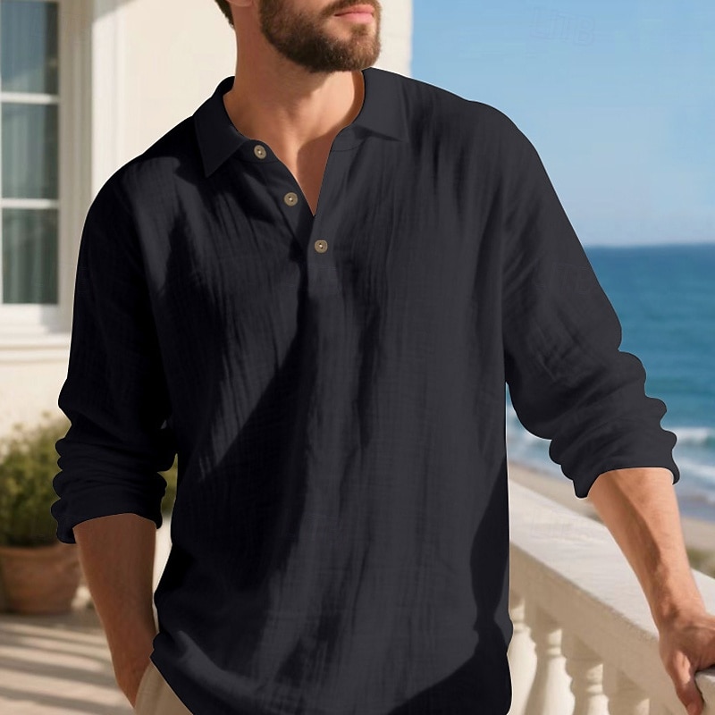Herre Linskjorte Golf skjorte Arbeid Avslappet Knaphul Langermet Grunnleggende Moderne عادي Knapper Vår Høst Normal Svart Hvit Navyblå Kakifarget Militærgrønn Lyseblå Linskjorte 2025 - $20.99 –P16