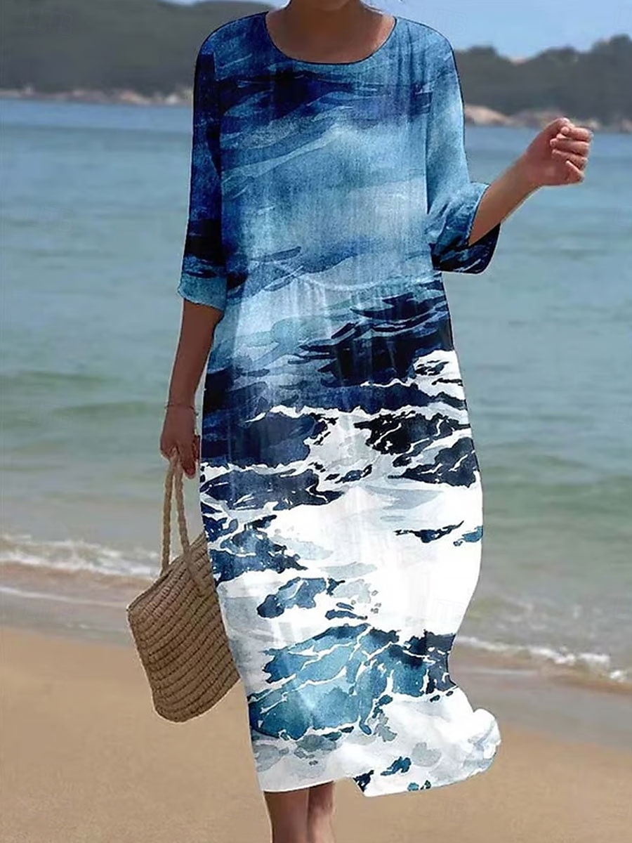 Dámské maxi šaty kaftan s 3/4 rukávy kulatým výstřihem volnočasové šaty A-linie boho pravidelný střih grafické geometrické abstraktní bílé žluté modré oranžové jaro podzim 2025 - $41.99 –P4