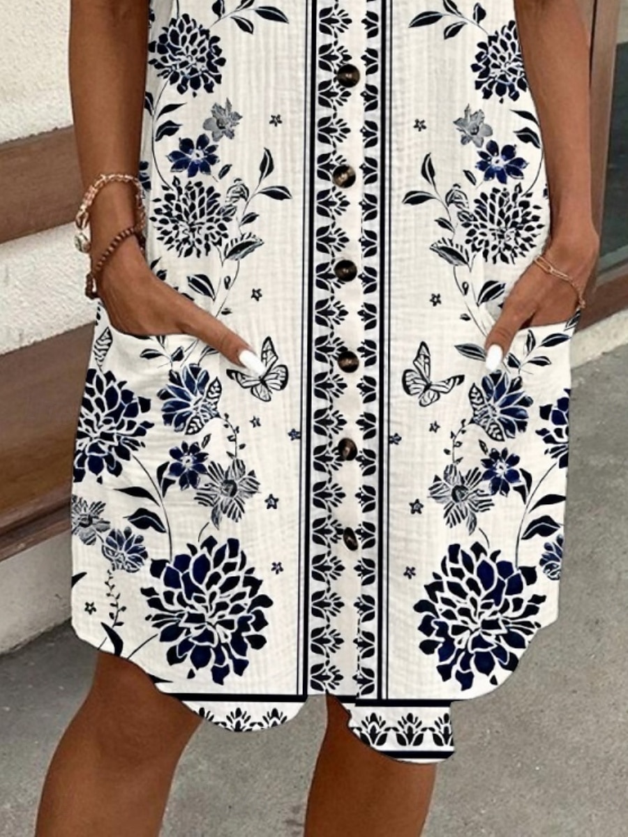 2026年 女性用 ミニドレス シャツドレス カジュアルドレス プリントドレス ファッション 近代の 日常 ビーチ 週末 レギュラー フラワー 半袖 シャツカラー ブルー 夏 春 秋  コレクション – $41.99 –P1