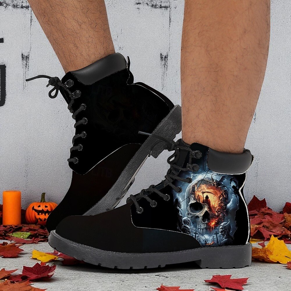 Botas de combate masculinas com estampa de caveira flamejante – botas de cano curto estilo gótico de Halloween para festas, cosplay e uso ao ar livre de 2025 por $69.99 –P1
