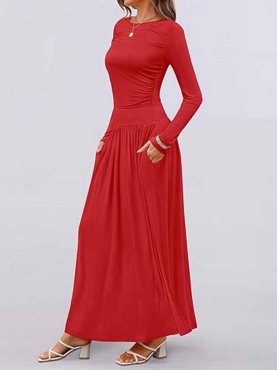 Dames Maxi-jurk Trui-jurk A lijn jurk Casual Dagelijks Normale pasvorm Effen Lange mouw Strakke ronde hals Zwart Blozend Roze Rood Bruin Lente Herfst Winter 2025 - $29.99 –P18