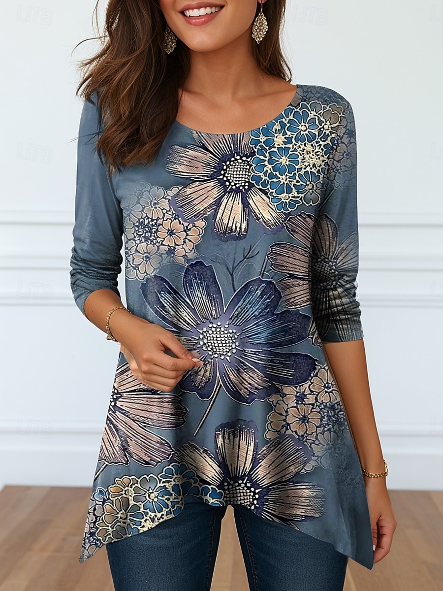 2026年 女性用 Tシャツ プリント アシメントリー グラフィック 幾何学模様 ヴィンテージ スタイリッシュ カジュアル 長袖 クルーネック ロングトップス 日常 ブルー ホワイト ダスティブルー グレー 夏 春  コレクション – $24.99 –P4