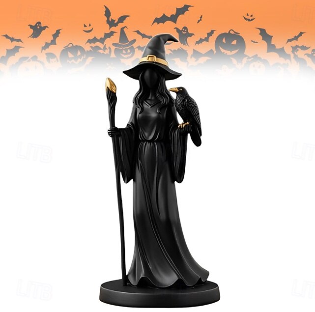 sculptură de vrăjitoare cu toiag negru auriu elegant negru &figurină mistică din rășină aurie cu pălărie de vrăjitoare complicată &personal pentru ornament de birou de interior/exterior 2025 - $14.99 –P1