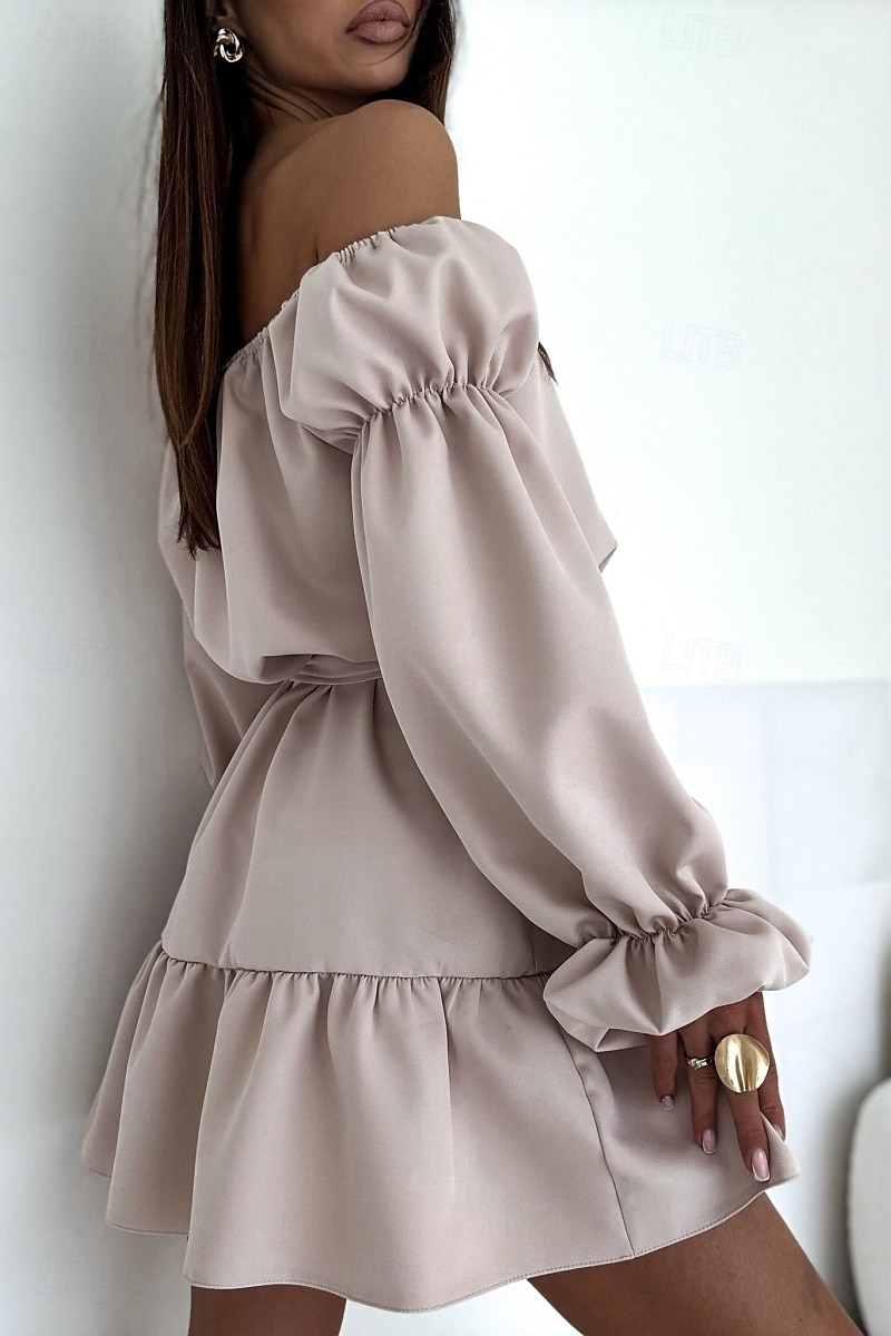 Damen Minikleid Schößchen Kleider Elegant Täglich Ferien Ausgehen Normale Passform Einfarbig Langarm Schulterfrei Schwarz Weiß Mauva Herbst 2025 - $21.99 –P6