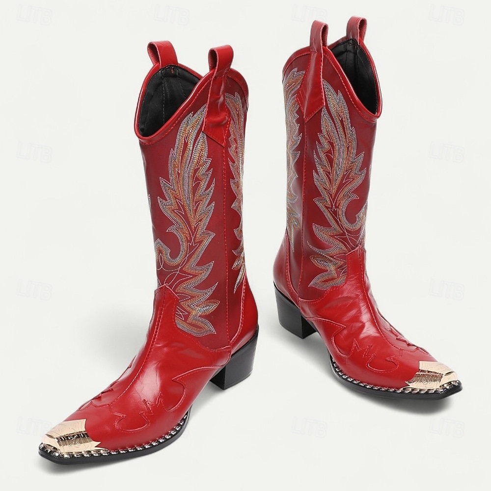 Pánské kovbojské boty z červené kůže – vysoké vyšívané boty ve westernovém stylu na rodeo, jízdu na koni a country festivaly 2025 - $229.99 –P7