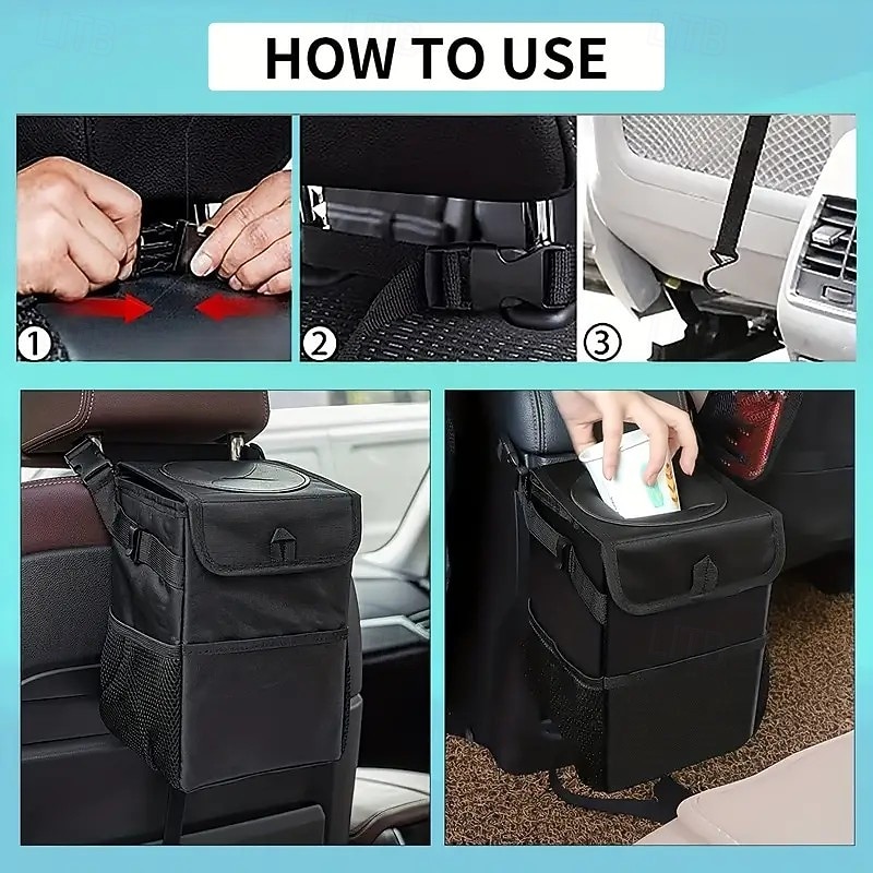 lixeira de carro com tampa e bolsos de armazenamento, lixeira de carro dobrável à prova d'água e vazamentos, lixeira automotiva multiuso para carro, SUV, caminhão de 2025 por $13.99 –P3