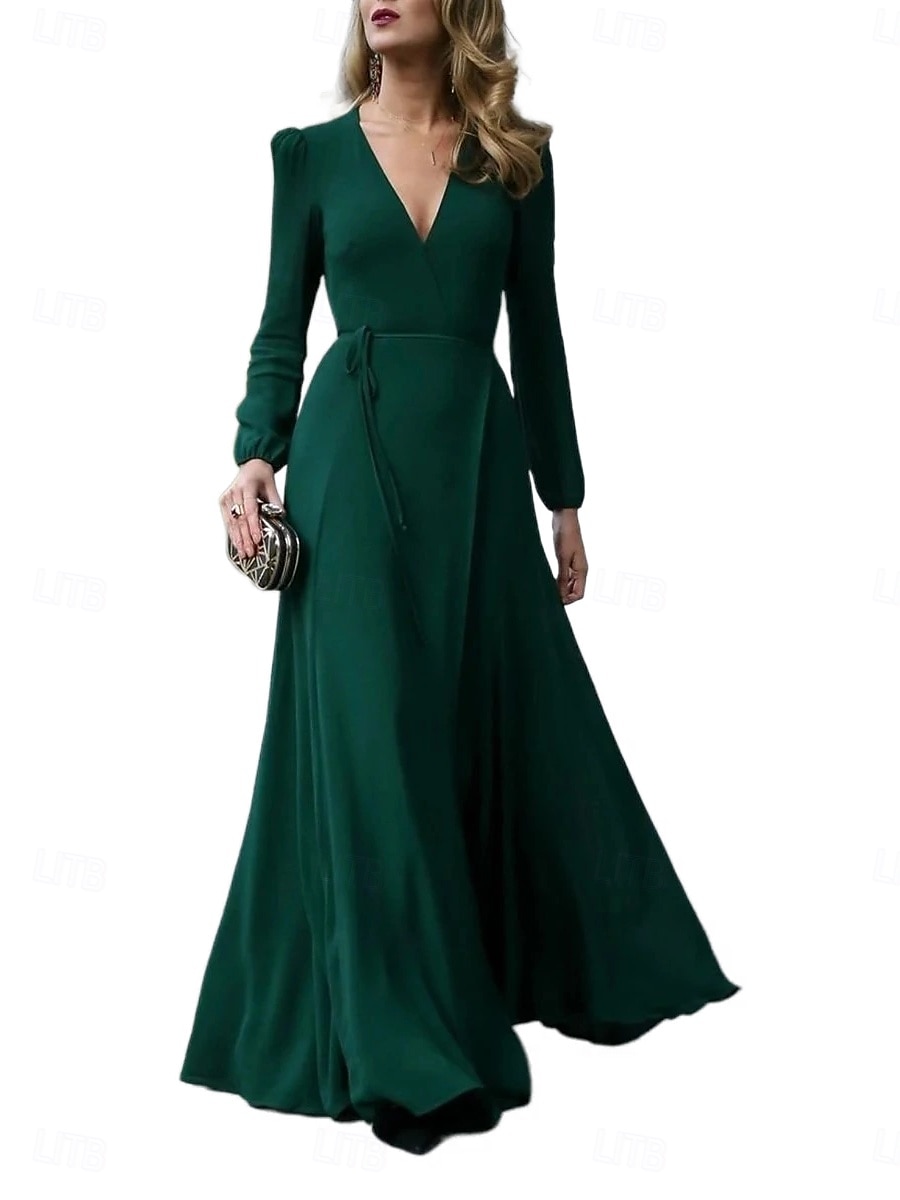 Pentru femei Rochie Maxi lungă Rochie Boho pentru invitați de nuntă Elegant Boemia Stilat Fit regulat Simplu Manșon Lung În V Negru Roșu Vin Trifoi Primăvară Toamnă 2025 - $27.99 –P3