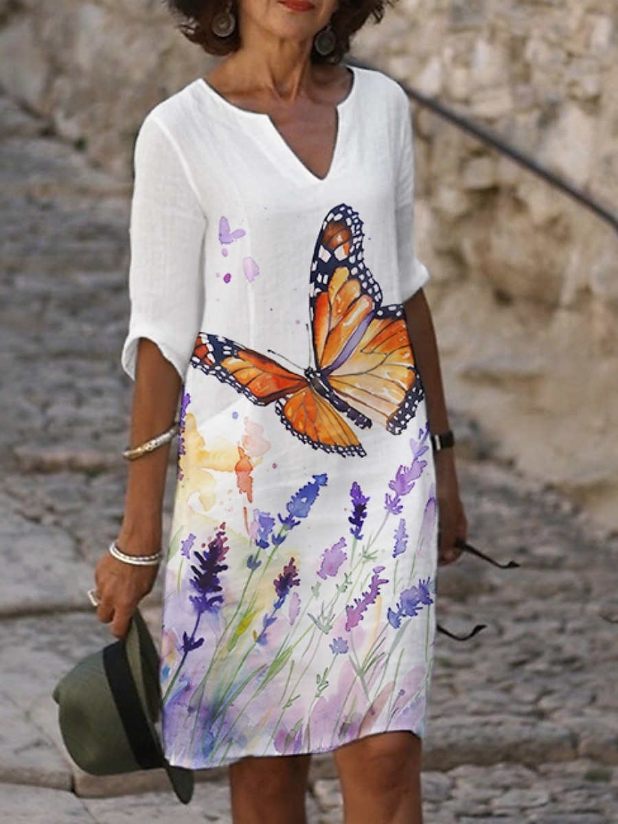 Femmes Robe Midi Robe Décontractée Robe Imprimée Mode Moderne Quotidien Plage Week-end Coupe régulière Fleuri Papillon Manche 3/4 Col ras du cou Jaune Bleu Violet Orange Été Printemps Automne de 2025 ? $21.99 –P4