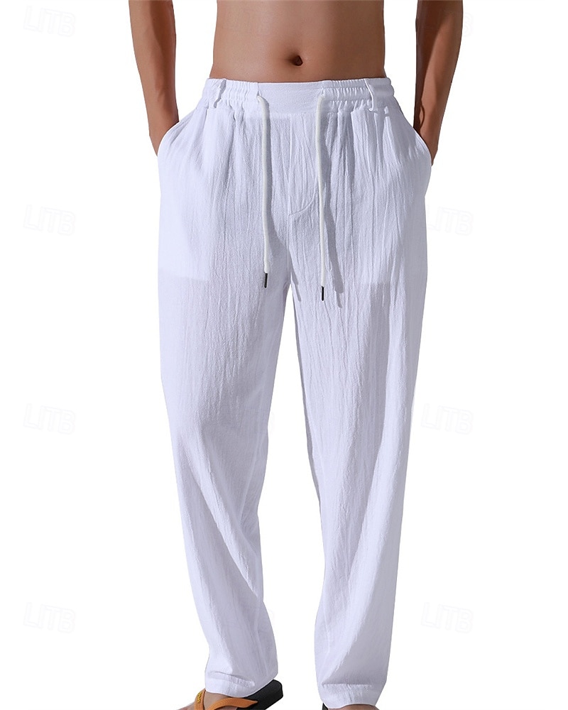 Herr Linne Byxor Långbyxor Sommarbyxor Strandbyxor Snörning Ficka Elastisk midja Slät Komfort Andningsfunktion Semester Dagligen Helgdag Hawaiisk Boho 다크 카키 Svart 2025 - $17.99 –P3