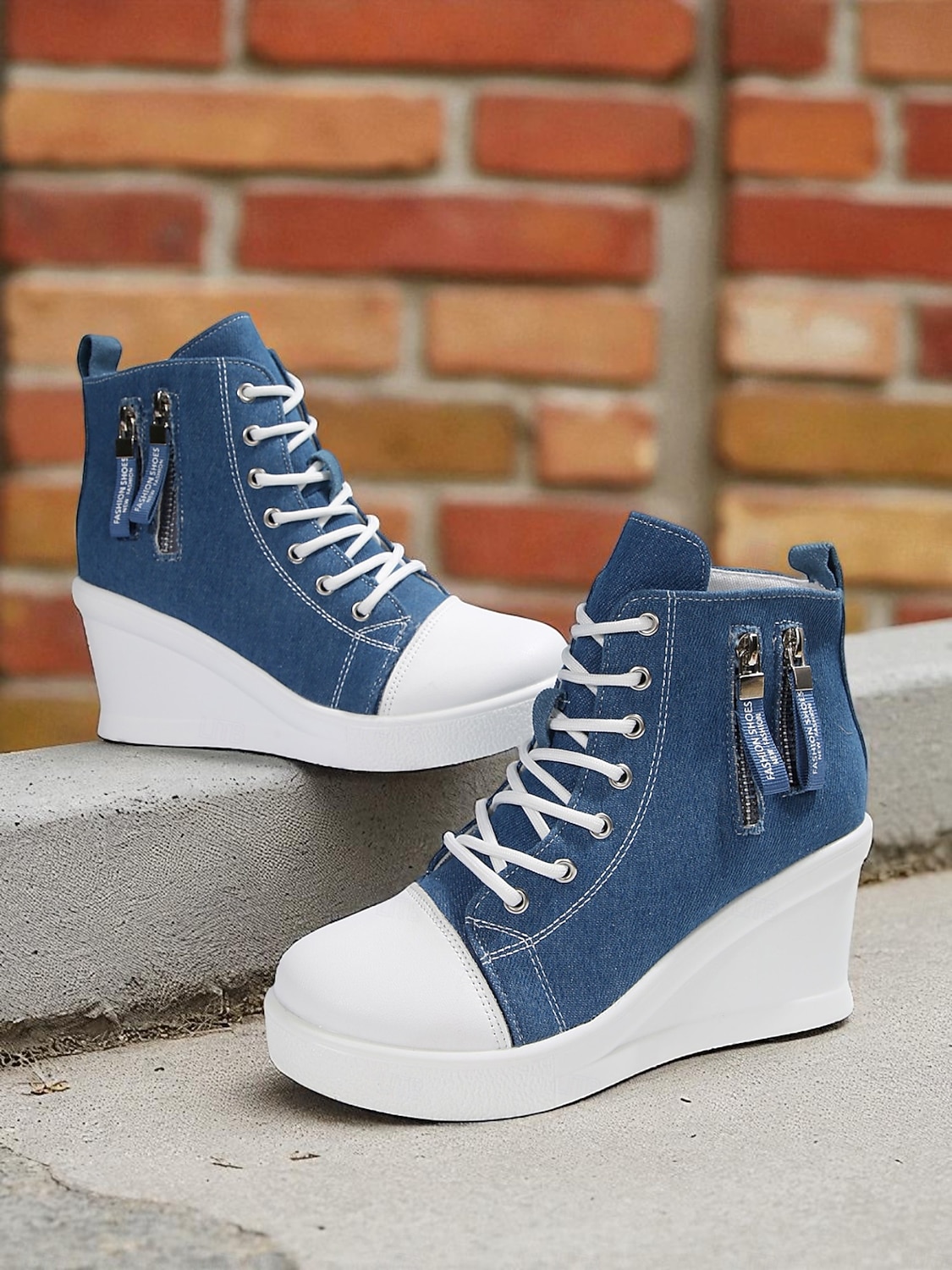 damskie buty sportowe na koturnie z denimu, sznurowane z przodu i zapinane na suwak z boku, codzienne buty na wysokiej platformie do noszenia na co dzień 2025 - $42.99 –P2