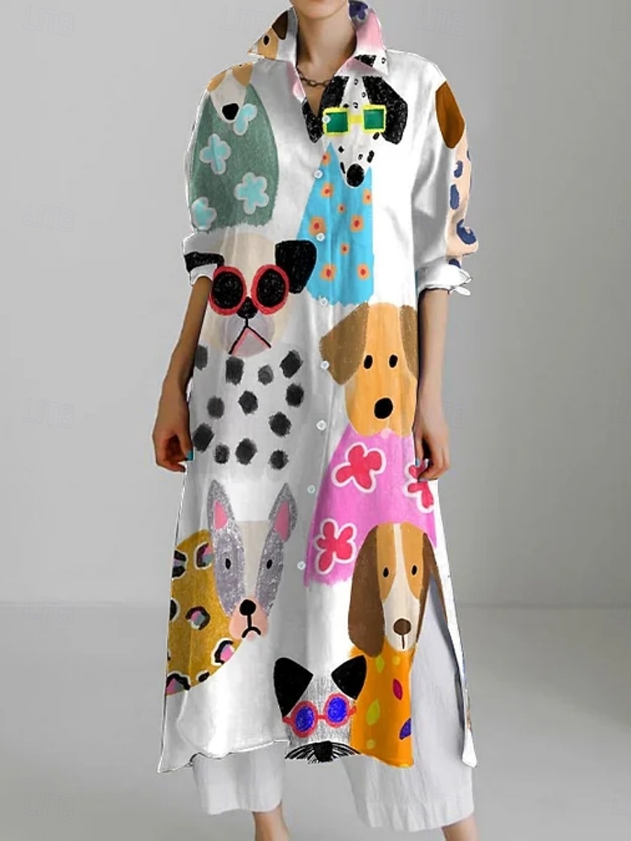 Per donna Abito Lungo Maxi Abito Abito Camicia Vestito Casual Moda Moderno Quotidiano Ferie Weekend Vestibilità regolare Grafico Animale Manica 3/4 Colletto a Camicia Bianco Giallo Verde Cachi Estate del 2025 a $41.99 –P1
