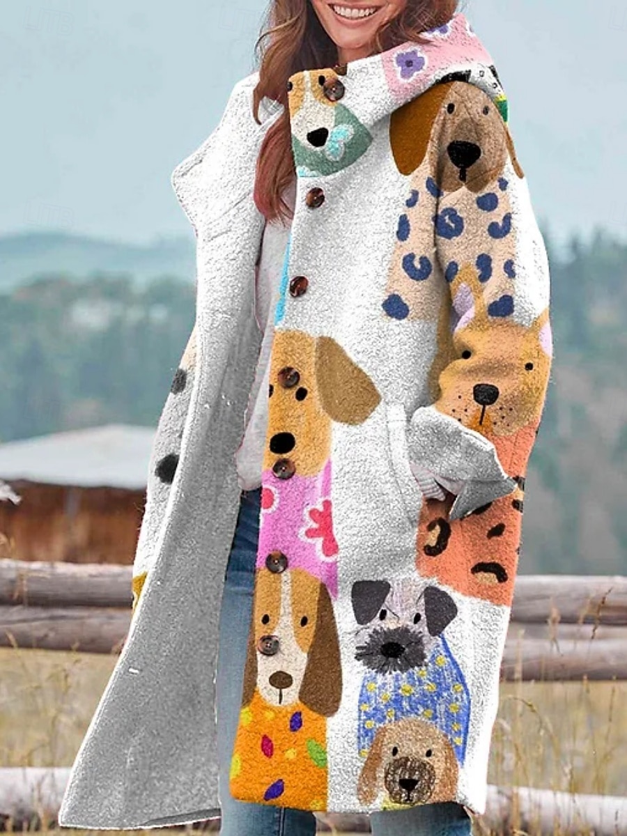 Dame Vinterjakke Fleece-jakke Frakk Hold Varm Pustende Lomme Knapper Trykt mønster Aktiv Daglig Fritid Dyr Feriereise Gate Daglig Enkeltkneppet Lang Hettegenser Normal Langermet Yttertøy Svart Hvit 2025 - $46.99 –P4