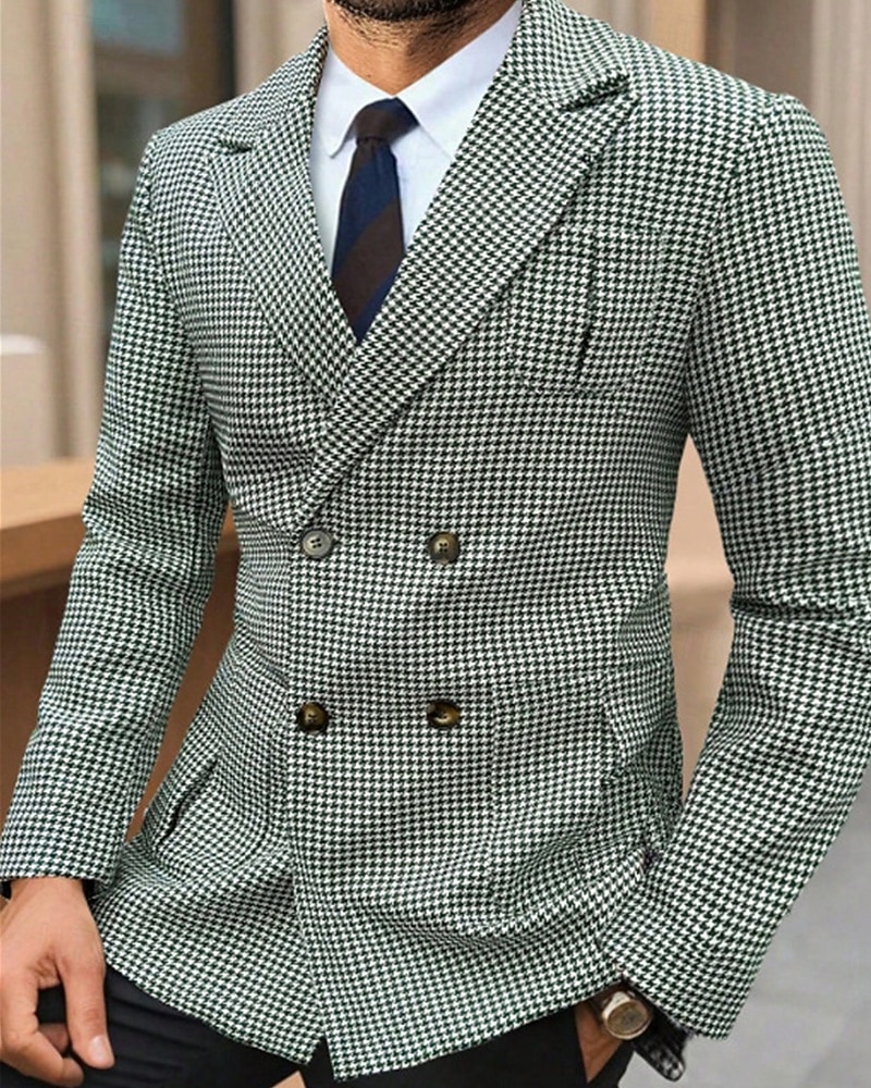 Herr Kavaj Företag Cocktailfest Bröllopsfest Mode Ledigt Vår Höst Polyester Hundtandsmönster Ficka Knappar Bekväm Dubbelknäppt Blazer Grön 2025 - $51.99 –P1