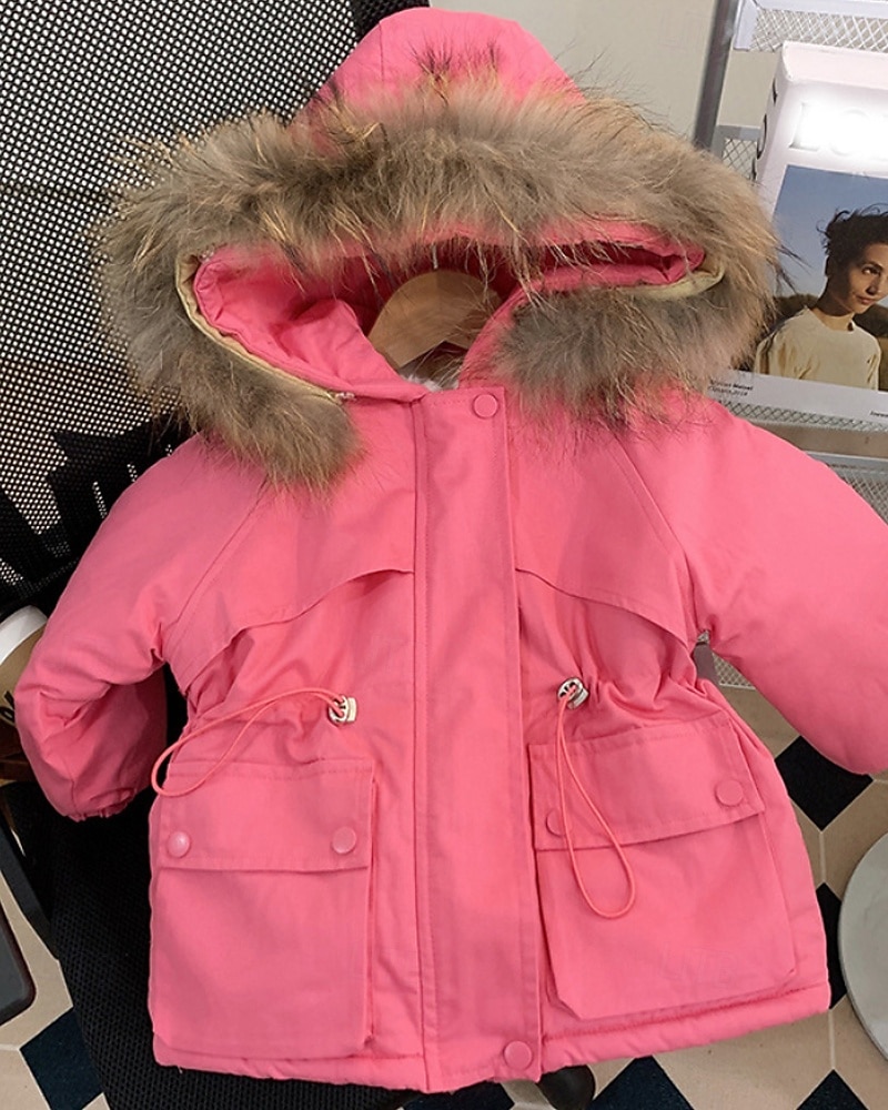 Kinderen Voor meisjes Dons Effen Kleur Modieus Bontzoom School jas bovenkleding 4-12 jaar Winter Blozend Roze Khaki 2025 - $36.99 –P4