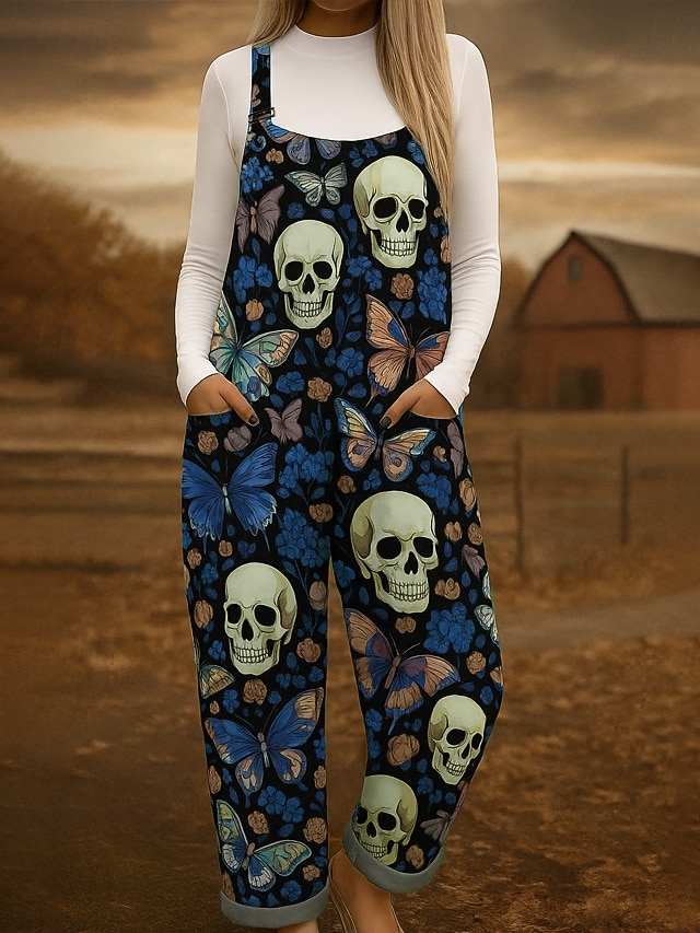 Macacão feminino 100% algodão, leve, gráfico, sem mangas, perna larga, gola redonda, com bolso, férias, diário, ajuste solto, vermelho, azul, roxo, verão de 2025 por $45.99 –P2