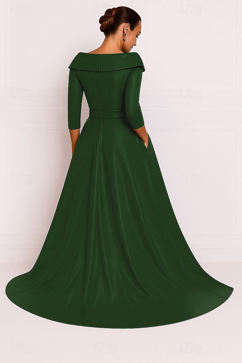 abito da sera elegante con scollo a V, a trapezio, abito formale da sposa, strascico a ruota, manica a 3/4, scollo a V, raso elasticizzato con fiocco e spacco 2025 del 2025 a $149.99 –P2