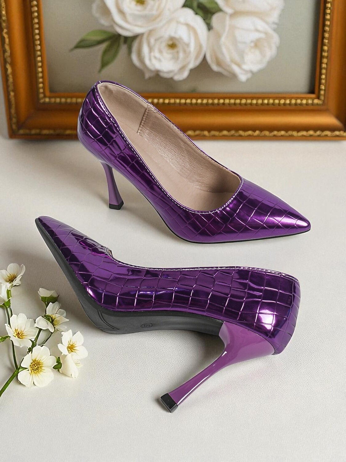 Scarpe con tacco a spillo da donna in vernice argentata in pelle PU, con stampa coccodrillo, per feste notturne del 2026 a $42.99 –P6