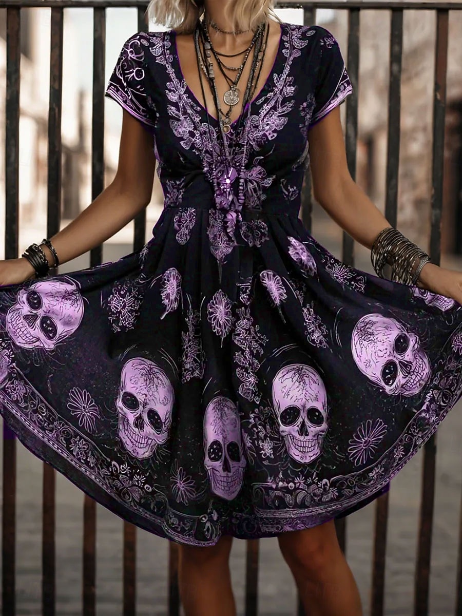 Halloween Damskie Sukienka mini Codzienne sukienki Sukienka t-shirtowa Sukienka letnia Sukienka A line Urlop Codzienny Boho Plaża Regularny Graficzny Czaszka Krótki rękaw W serek Biały Rumiany r 2025 - $22.99 –P2