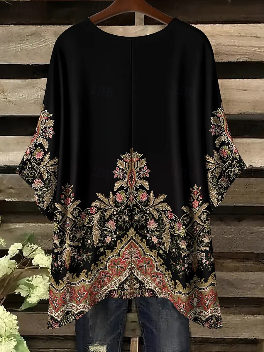 Жен. Блуза Ассиметричный Графика Геометрический принт Винтаж Повседневные На каждый день Рукав до локтя Летучая мышь Вырез под горло Обычные топы Повседневные Праздники Одежда для пляжа 2026 - $26.99 –P7