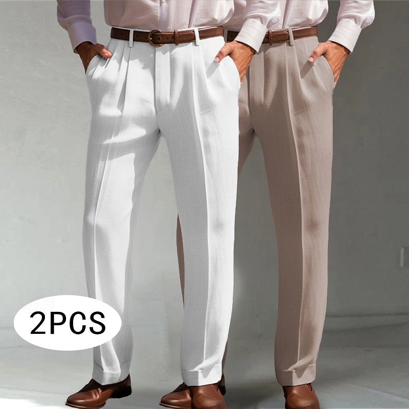 Herren Anzughose Leinenhosen Hose Sommerhose Fronttasche Falten Gerader Schnitt Einfach Komfort Atmungsaktiv Volle Länge Formell Geschäft Täglich Mode Basic Grün + grau Weiß + Khaki Unelastisch 2025 - $33.99 –P1