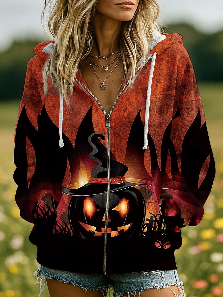 Mulheres Moletom com zíper Gráfico Caveiras Abóbora Moda Casual Manga Longa Com Capuz Tops regulares Rua Dia a Dia Zíper Bolsos Imprimir Preto Vermelho Laranja Marron Cinzento Primavera Outono Inverno de 2025 por $26.99 –P3