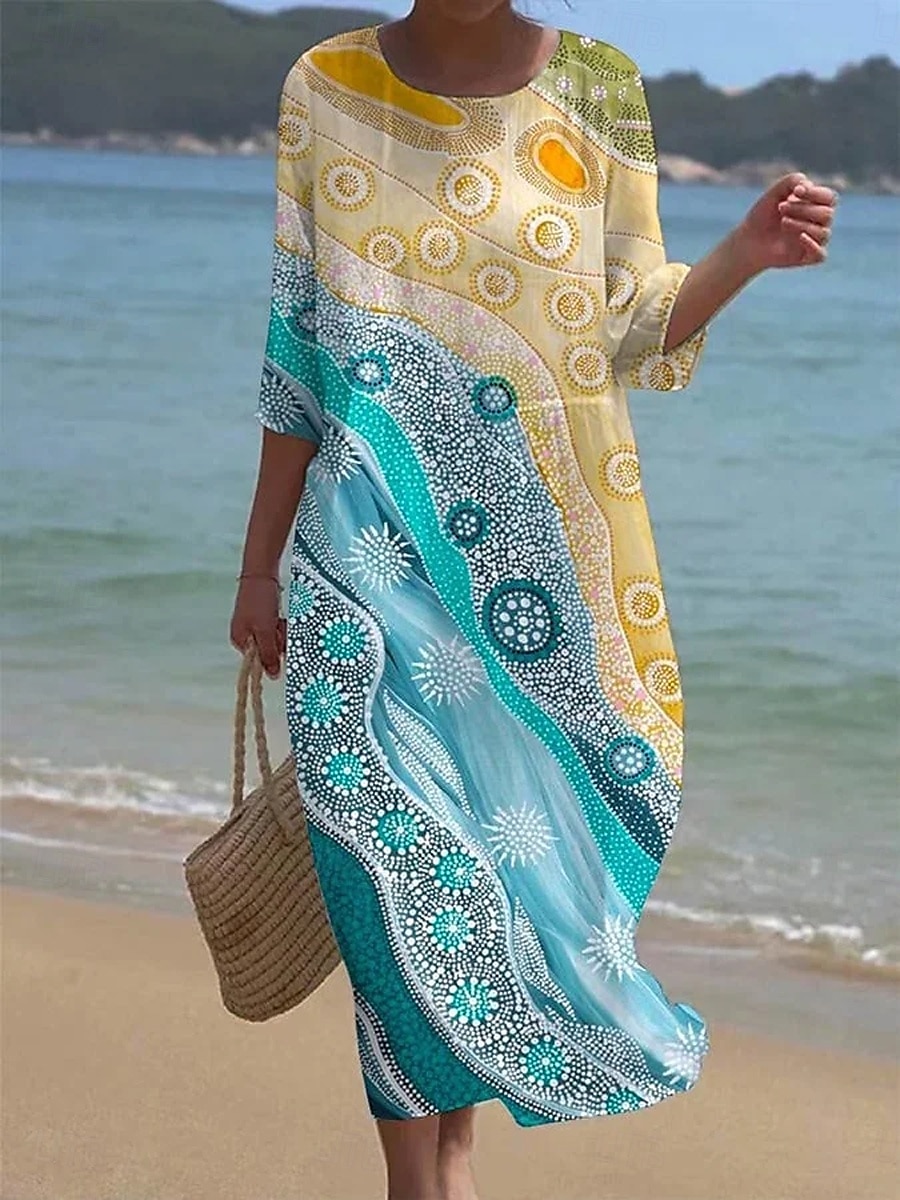 Damen Maxi Kleid Kaftan 3/4 Länge Ärmel Rundhalsausschnitt Lässiges Shift Kleid Kleid Boho Alltag Urlaub Date Grafisch Geometrisch Gelb Blau Lila Frühling Herbst 2025 - $41.99 –P1