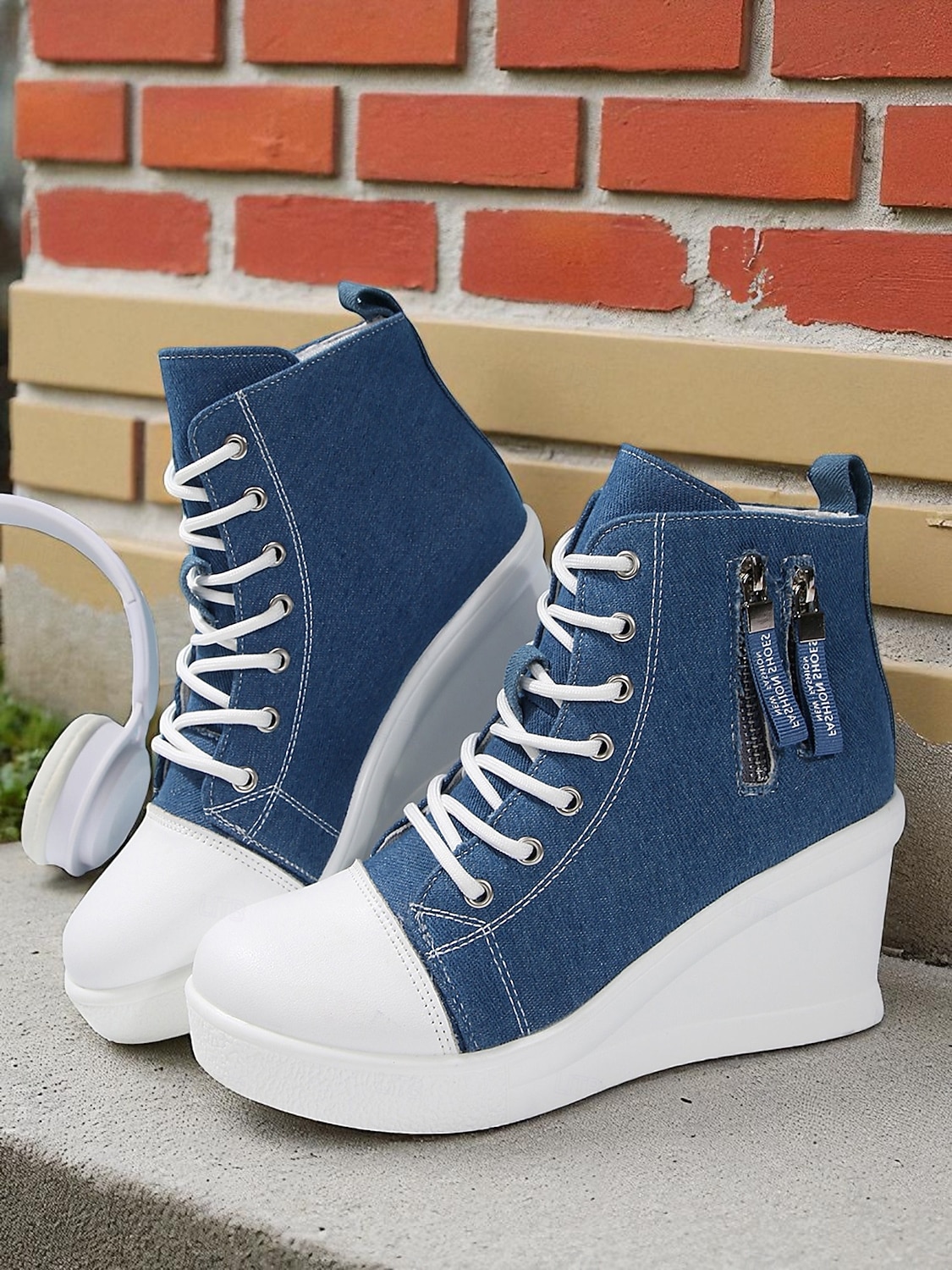 damskie buty sportowe na koturnie z denimu, sznurowane z przodu i zapinane na suwak z boku, codzienne buty na wysokiej platformie do noszenia na co dzień 2025 - $42.99 –P1