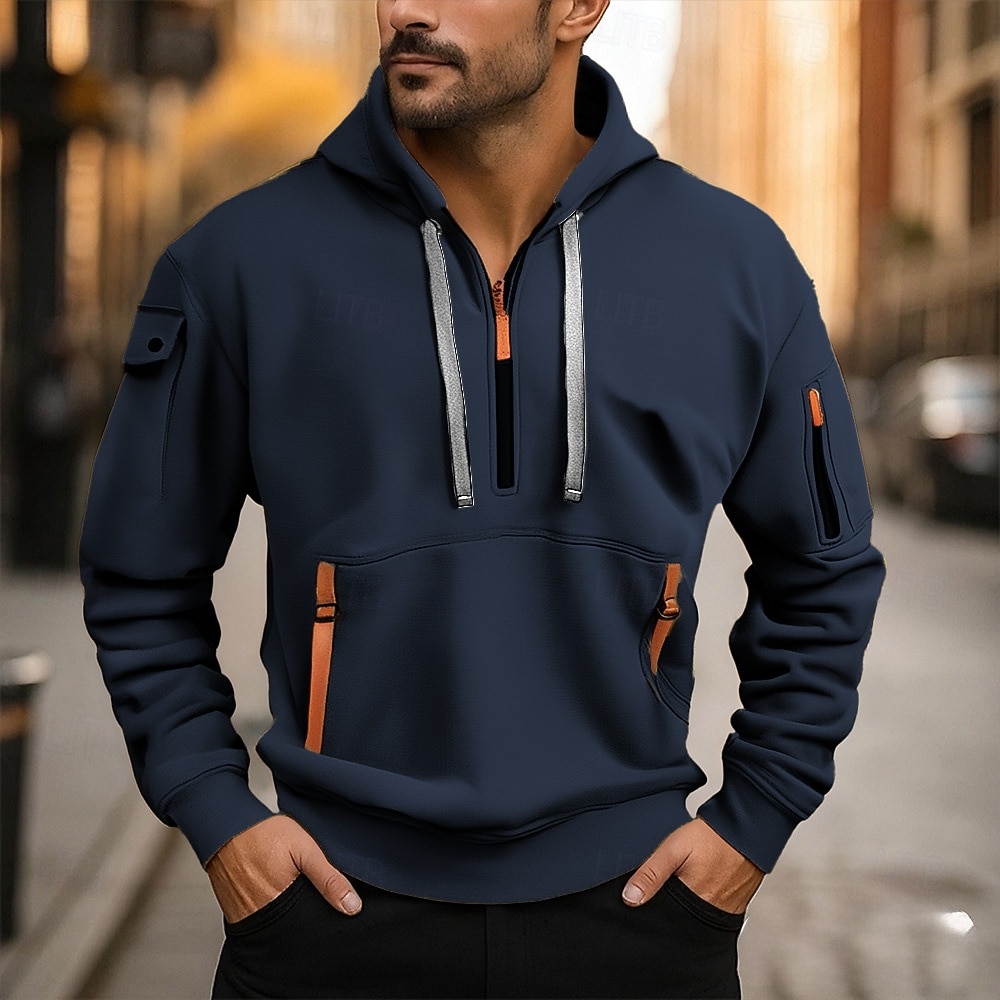 Voor heren Trui met capuchon Hoodie met kwartrits Zwart Wijn Marineblauw Khaki Grijs Capuchon Effen Zak Sport & Outdoor Dagelijks Feestdagen Polyester Streetwear Basic Casual Lente Herfst Kleding 2026 - $22.99 –P2